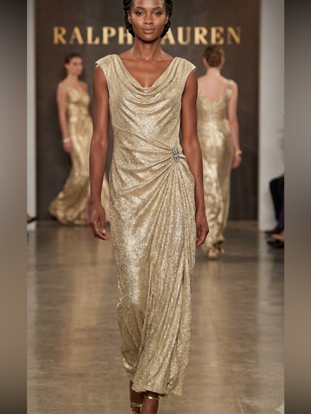 Ralph Lauren Metallic Gold Cowl Neck Maxi Dress